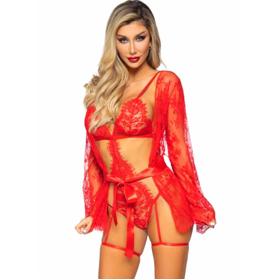 LEG AVENUE - 86123 SET VESTAGLIA TEDDY + GIARRETTIERA ROSSO TAGLIA S